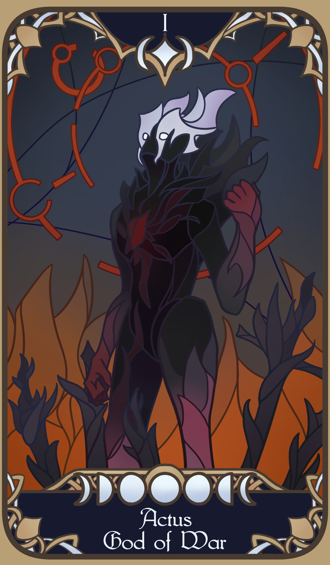 A tarot-inspired card for my homebrew D&D campaign, representing the god 'Actus', of war.